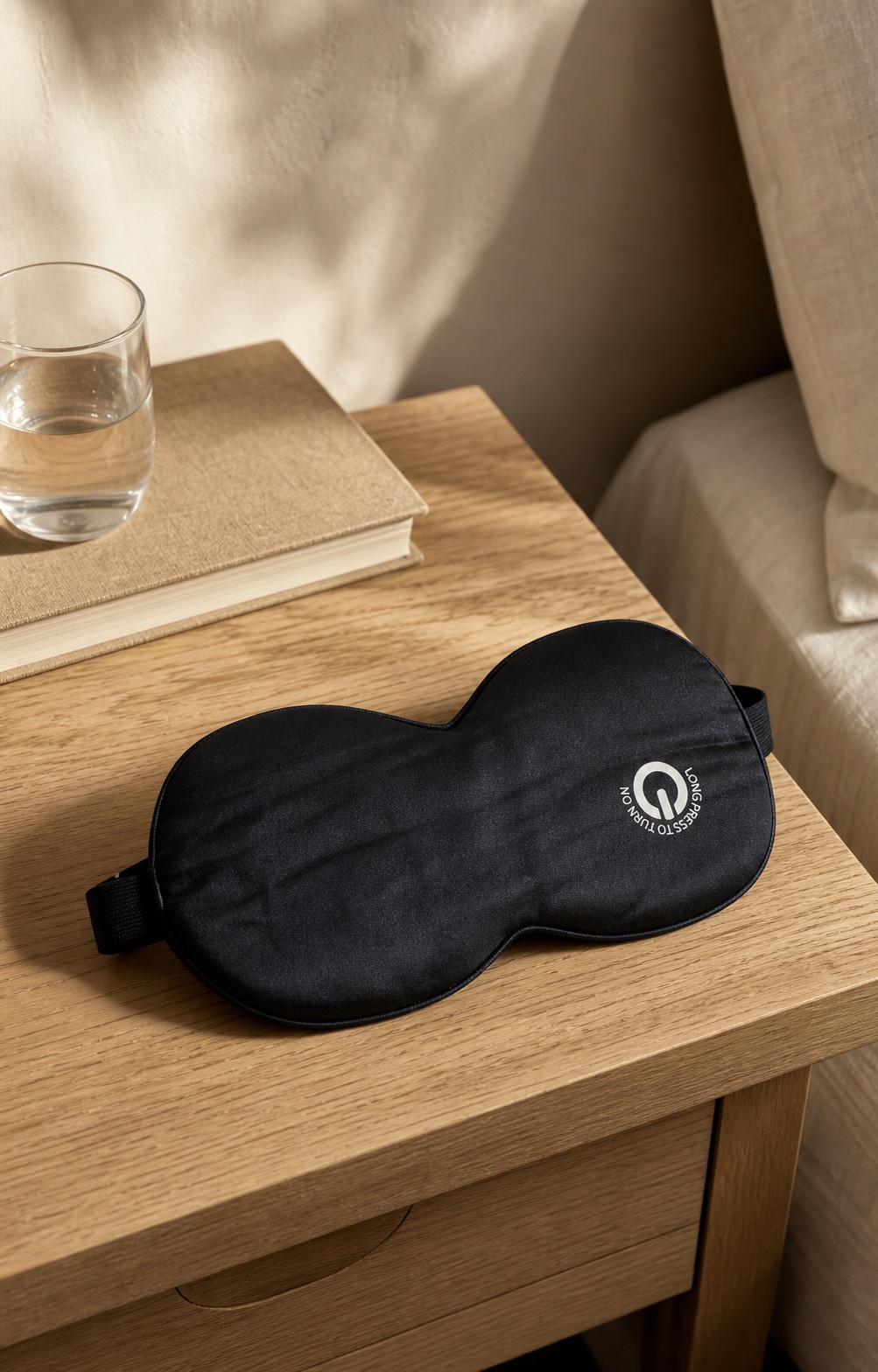 Black silk heated eye mask on a warm oak bedside table